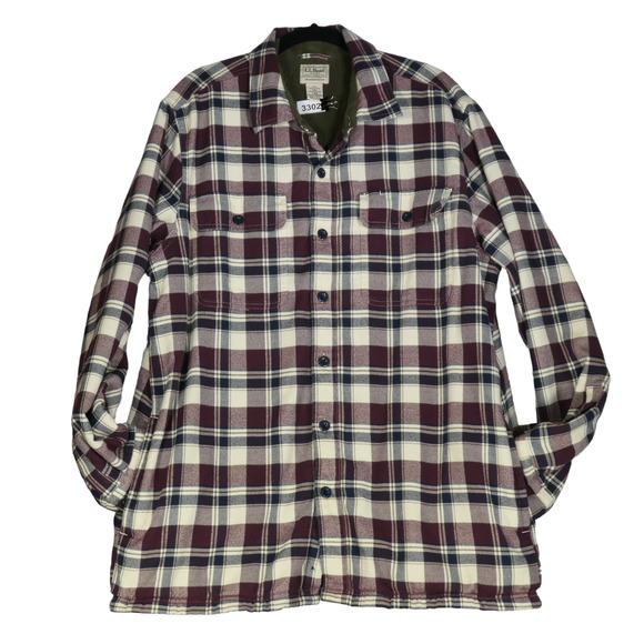 LL Bean Fleece Lined Flannel Shacket Mens Large Flannel Shirt Brown Side Pocket - Picture 1 of 11